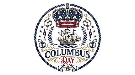 Fototapeta premium Columbus Day vintage royal emblem with sailing caravel ship and crown