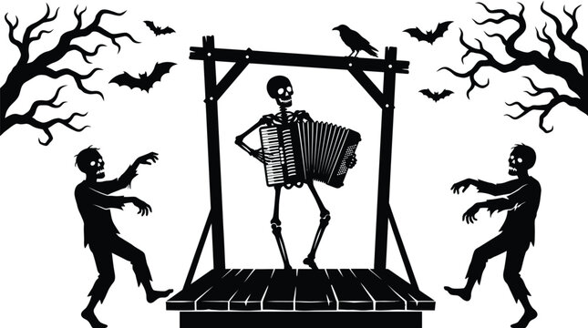 Spooky skeleton playing accordion for dancing zombies in this creative black and white vector graphic illustration