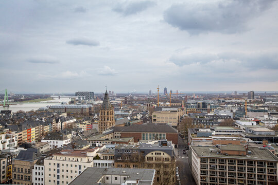 Aerial View of Cologne Cityscape and Rhine River from Cathedral Tower, Germany Old Town with Great St. Martin Church, Rhine River and Bridges
