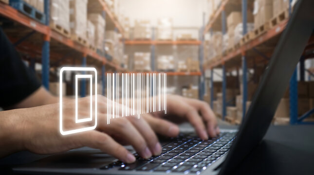 Hand Typing on Laptop with Barcode Icon Inventory, Warehouse and Supply Chain Management Concept
