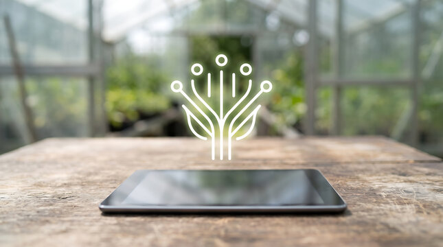 Tablet on Wooden Surface with Tech Tree Icon Smart Agriculture and Eco Technology Concept