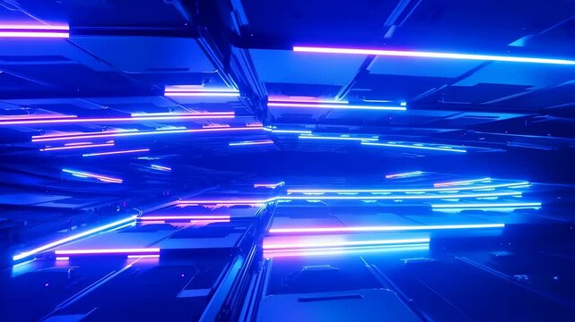 Neon light bars streak through a reflective geometric tunnel in a futuristic digital setting. Technology presentations, digital title sequences, and science fiction media.