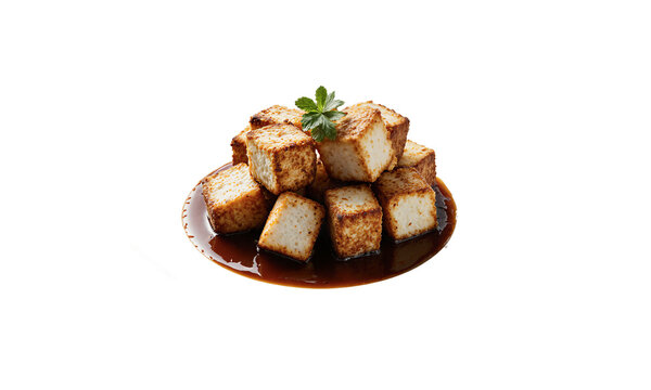 Tofu fried sauce cubes of crispy golden soy protein isolated on a transparent background for food design