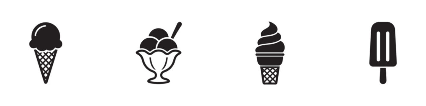 Ice cream icon set. Waffle cone, dessert bowl with scoop, soft serve and popsicle stick. Vector illustration.