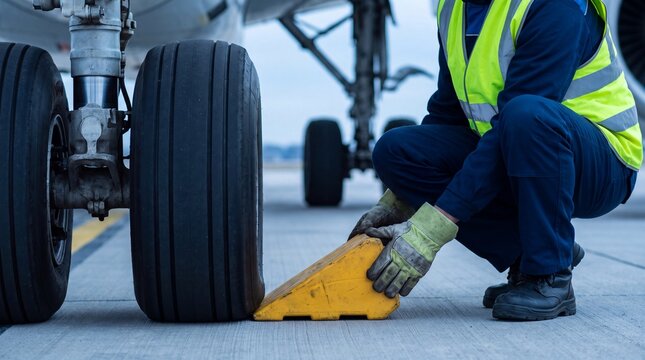 Ground crew member secures the heavy airplane tire with yellow rubber safety wheel chocks