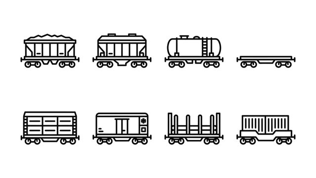 Collection of Freight Train Cars: A set of vector illustrations showcasing various types of freight train cars, including hopper cars, tank cars, flatbed cars, and boxcars.
