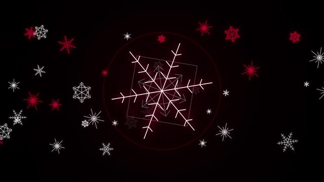 Abstract background with red and white snowflakes on a black backdrop, festive winter holiday design element 4k video animation