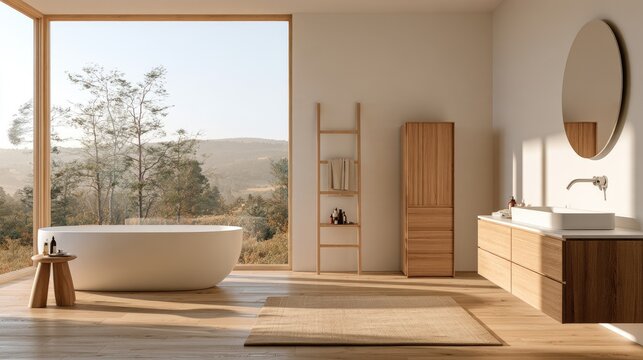 Serene bathroom with soaking tub and scenic outdoor view