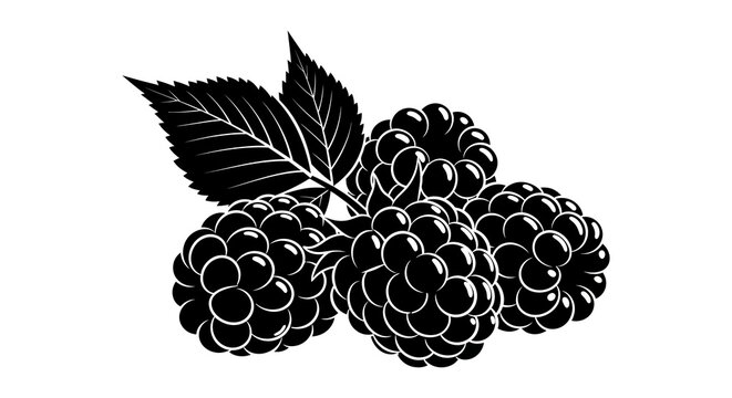 Black silhouette of blackberries with leaves on a white background