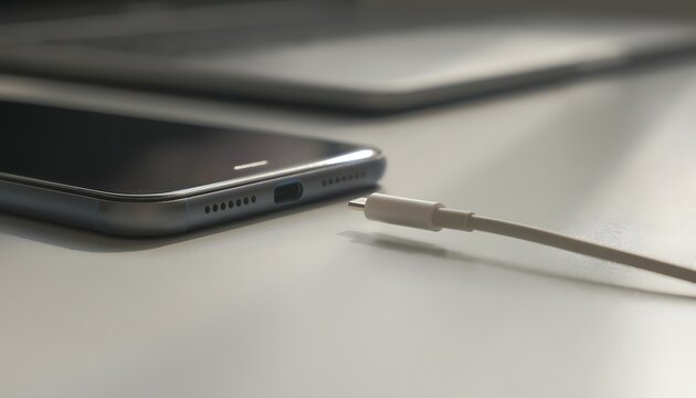 Close up shot of white charging cable plug positioned near modern smartphone connector port on clean office desk with laptop backdrop
