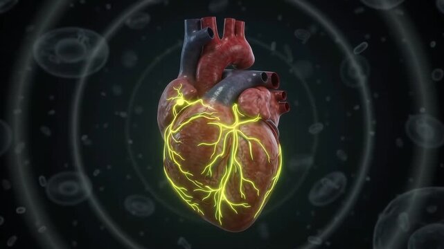 Glowing anatomical heart floating in a dark cellular void, yellow and green neon conduction pathways, deep red and blue muscular tissue