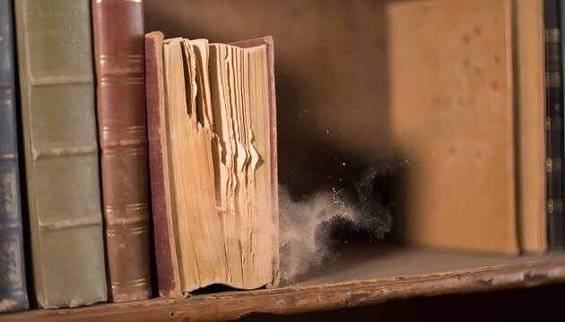 Old worn vintage hardcover book exploding into fine dust particles on a rustic wooden library shelf surrounded by classic antique volumes