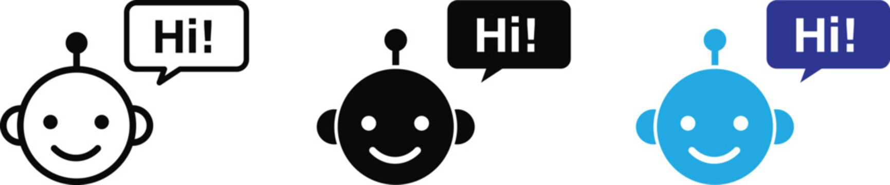 AI chatbot icons set for virtual assistant and customer support design. Collection of robot avatars with Hi greeting speech bubble in line, filled, and blue styles. Vector illustration
