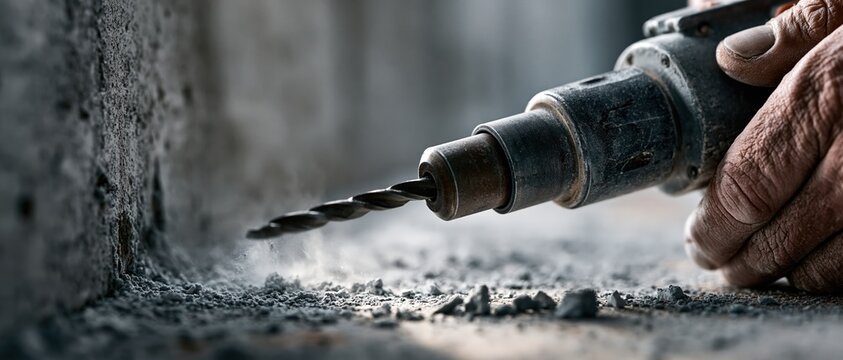 An epic close-up photograph of a professional worker's hands operating a powerful electric rotary hammer drill, with the metal drill bit creating a hole and spraying dust out of a rough concrete wall.