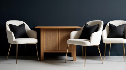 Fototapeta premium Three armchairs with black cushions flank a ribbed wooden console table against a dark blue wall. Minimalist room setup features modern furniture with gold legs, creating a chic, comfortable space.