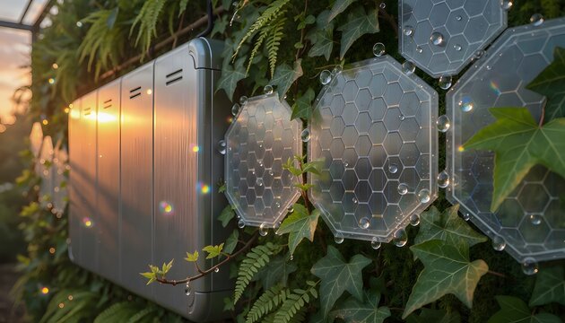 Futuristic green energy technology featuring solar cell panels integrated onto a vertical living plant wall covered in ivy and fresh dew drops