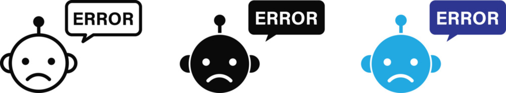 AI chatbot icons set for virtual assistant and customer support design. Collection of sad robot avatars with Error speech bubble in line, filled, and blue styles. Vector illustration