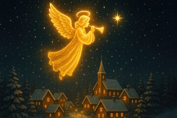 Fototapeta premium Celestial angel over snowy village.