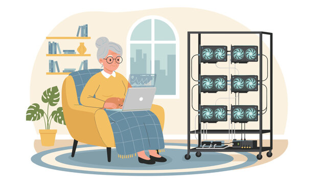Tech savvy elderly grandmother sits in an armchair with her laptop next to a high tech cryptocurrency mining rig.