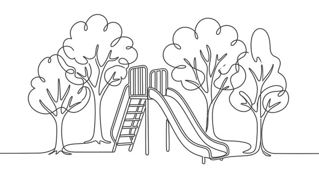Continuous one line drawing of a kids playground slide with trees in a park