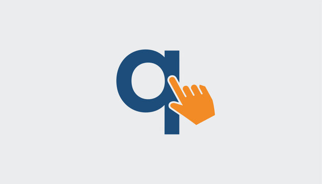 Letter Q logo with orange pointer finger clicking hand cursor on light gray background, represents search, query or quiz concept.