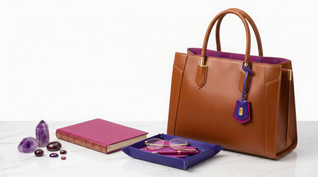 Brown leather tote bag accompanied by a magenta book, purple tray, and amethyst generated using ai