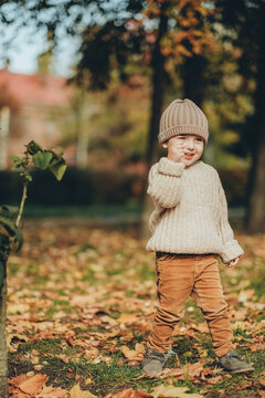 Little boy in cozy knit sweater and hat walking outdoors in autumn park