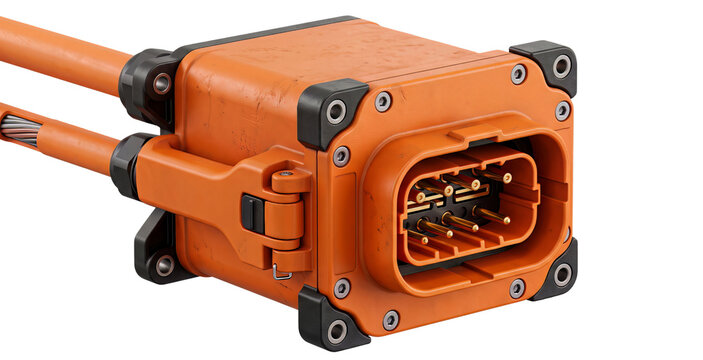 Industrial high-voltage vehicle power connector socket with orange housing on transparent background.