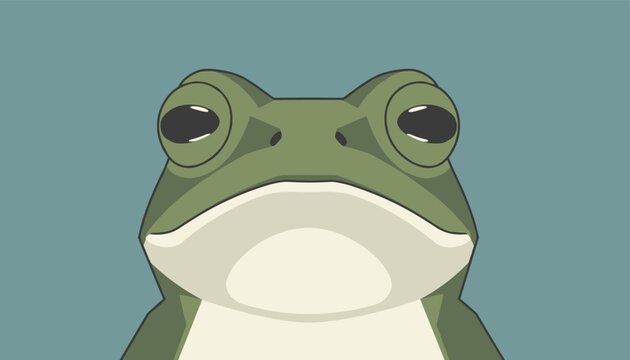 Close up vector portrait of a green frog looking straight ahead on a plain soft blue background representing wildlife.