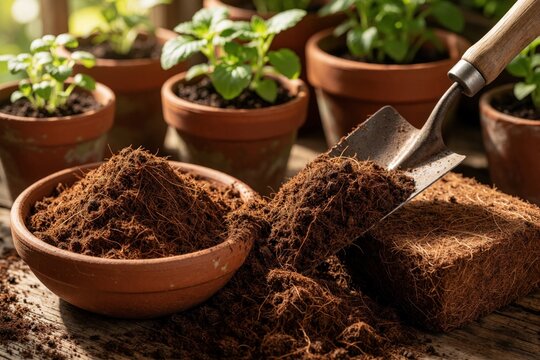 Gardener uses metal trowel to scoop coco peat from brown block into clay bowl. Organic coconut fiber substrate serves as eco soil substitute for planting small green seedlings in terracotta pots.