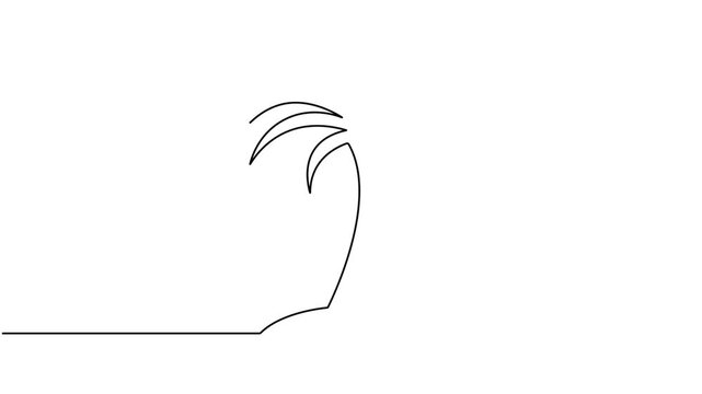 Animated tropical palm tree with leaf icon sign continuous one line drawing moving on white background minimalist single art sandy beach for travel symbol animation video