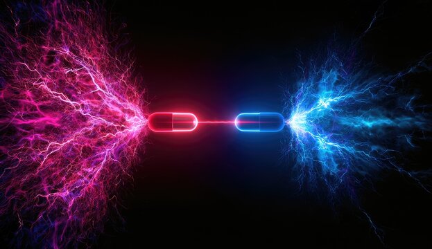 Two glowing capsule-shaped objects emit colorful electrical energy towards each other