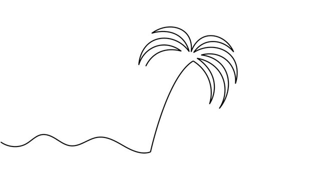 Animated tropical palm tree with leaf icon sign continuous one line drawing moving on white background minimalist single art sandy beach for travel symbol animation video