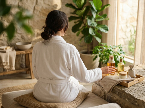 High angle rear view captures a woman in a white bathrobe reaching for wellness products on a wooden tray within a serene, sunlit spa environment featuring natural stone textures and lush greener