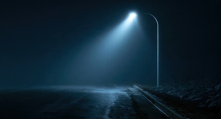 Obraz premium Single street light illuminates foggy, wet road at night