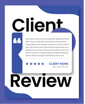 Client review testimonial vector template with bold typography, blue quotation card, five star rating, modern geometric layout and customer feedback message. 
