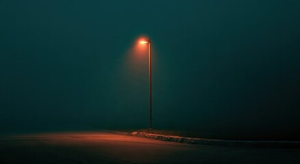 Obraz premium Single streetlamp illuminates a foggy, dark, empty roadside at night