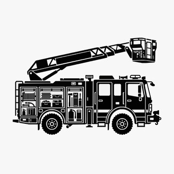 Clean Black and White of a Fire Truck with Extendable Ladder and Storage Compartments with high quality professional line art symbols for modern creative design and digital branding projects