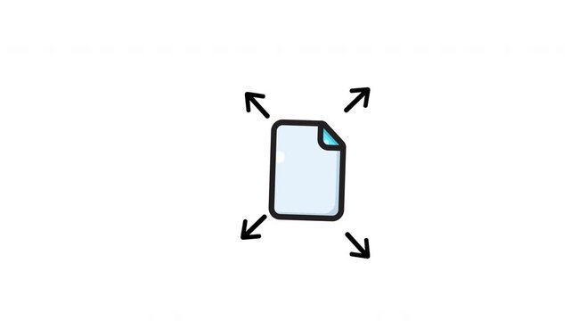 Blue document icon with four black arrows for computer interface design. Suitable for demonstrating expansion and resizing functions.
