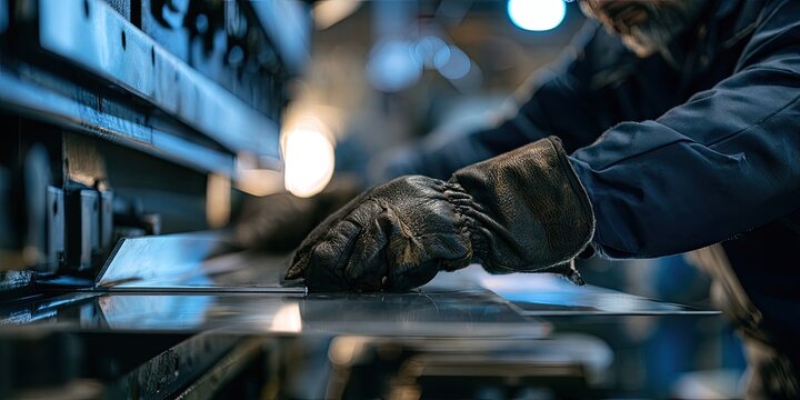 Skilled worker in gloves operates industrial machinery, shaping metal