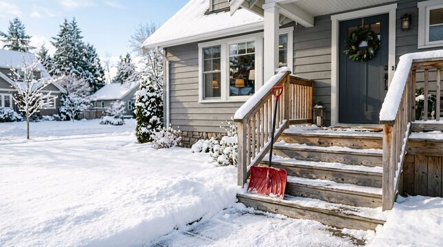 Red plastic snow shovel against wooden steps of a grey suburban porch, pristine white snow covering the front yard, crisp winter light