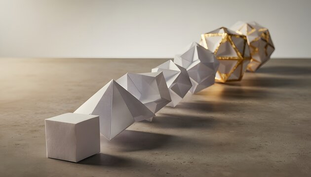 Studio photography shot of white geometric origami paper shapes evolving progressively into complex gold trimmed geometric polyhedrons along a dark surface