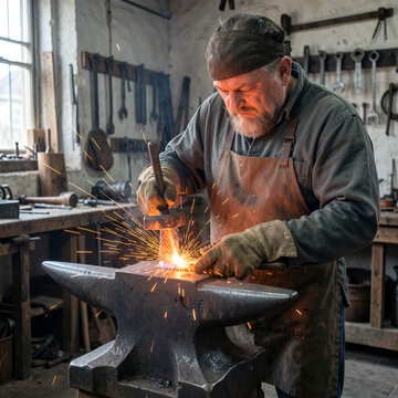 A senior male blacksmith concentrates while forging glowing hot metal on a heavy anvil, producing flying sparks in a rustic workshop.