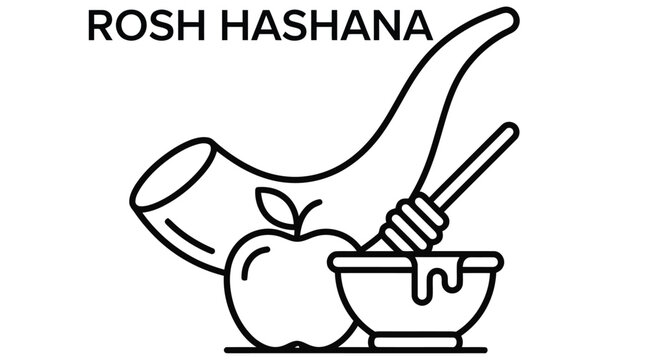 Apple ,honey pot and shofar illustration representing Rosh Hashanah traditions