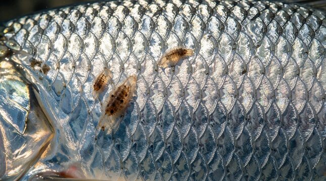 Macro view of small brown parasites on silvery fish scales. Tiny organisms attach to skin surface of fresh salmon trout. Close up detail shows texture of fish body, parasitic infection in natural