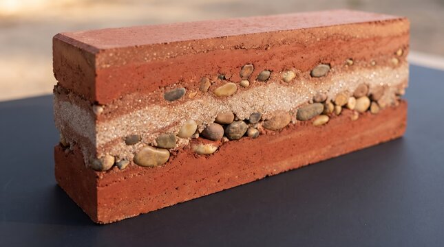 Compressed earth block with visible soil strata and gravel layers for sustainable building.