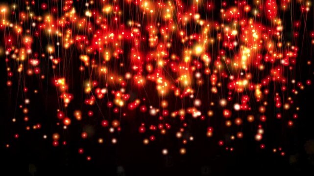 Glowing ruby red fiber optic strands and laser data pulses flow in a 3D wave horizon with bokeh flares. Seamless digital technology loop ideal for cyber network intros, high-speed telecom promos, and 