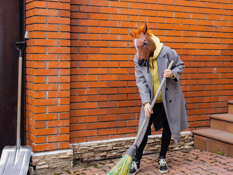 A Humorous Scene Featuring a Person in a Horse Mask Sweeping with a Broom in Front of a Brick Wall, Showing Whimsical Nature of Everyday Activities