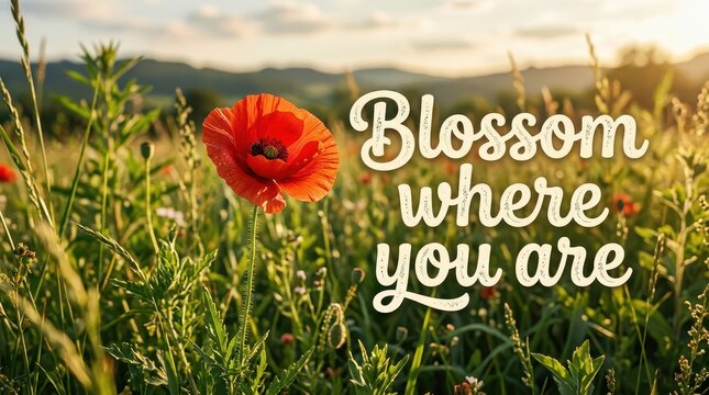 Red Poppy Flower in Meadow with Inspirational Quote Blossom Where You Are Text