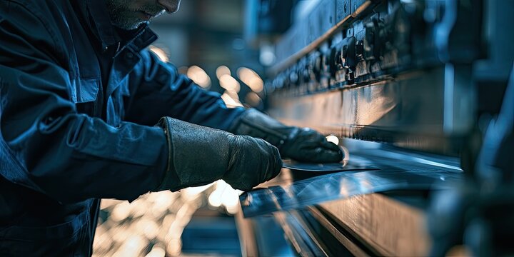 A worker in a factory bends metal on a large machine with sparks flying
